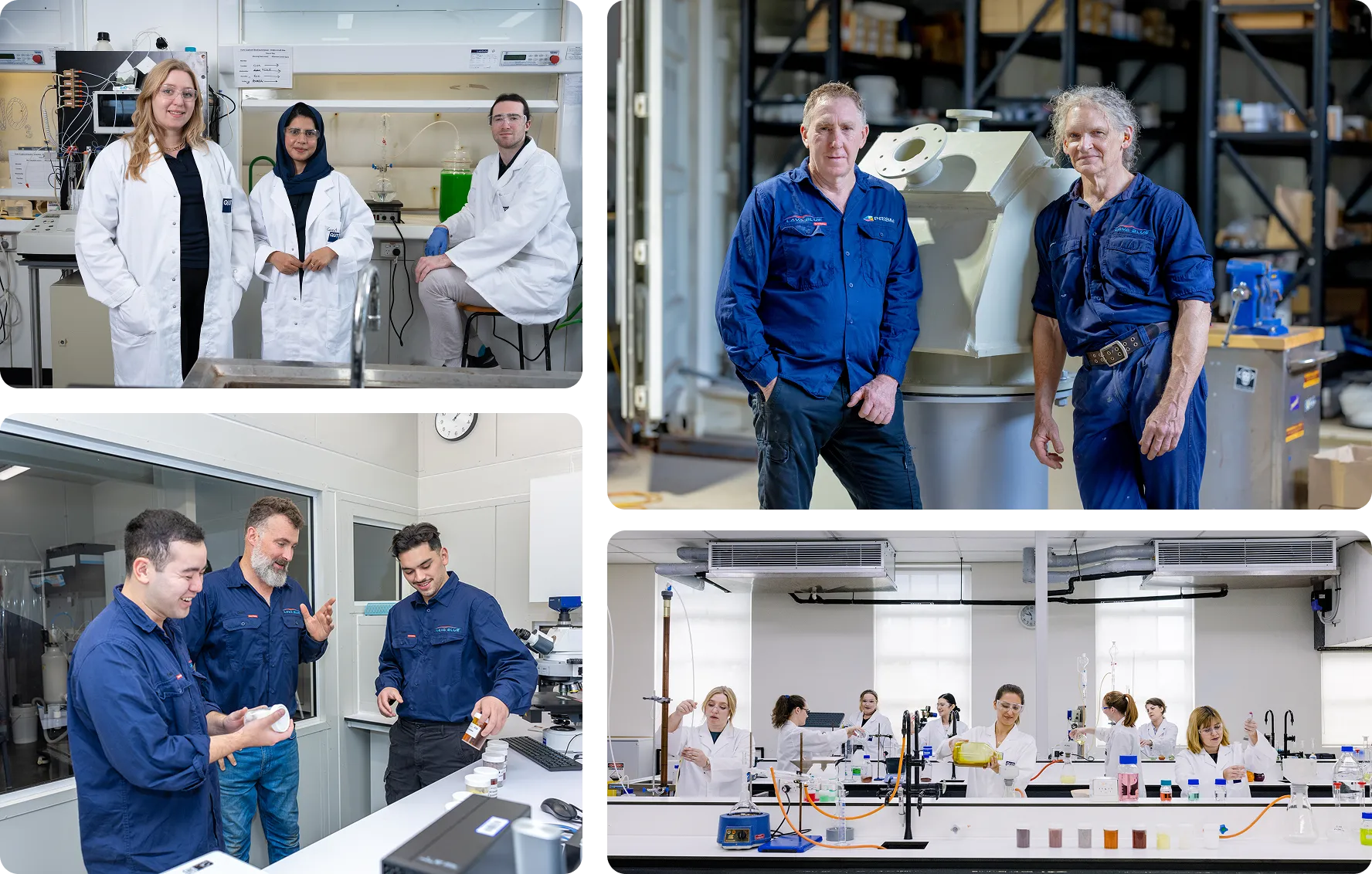 A collage of Lava Blue researchers and engineers at work in the laboratory and processing facility
